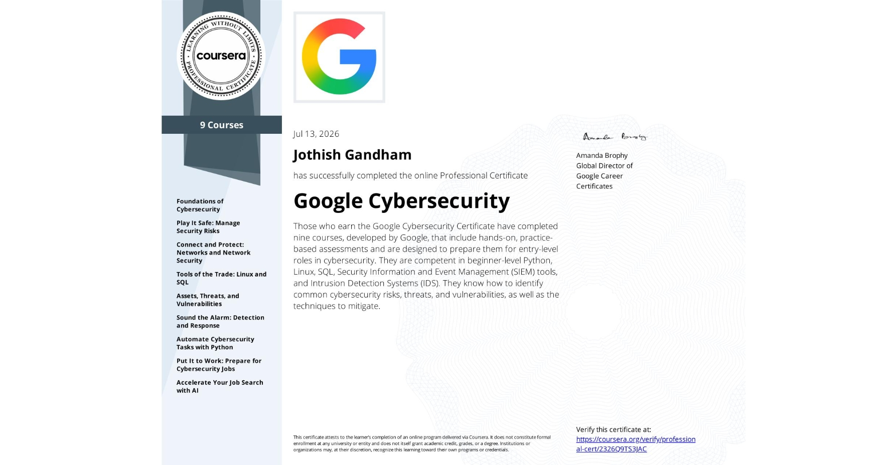 Cybersecurity Professional Certificate Certificate