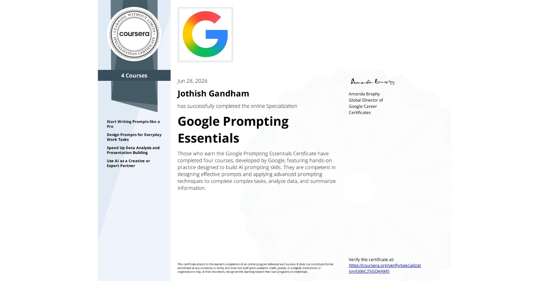 Prompting Essentials Specialization Certificate